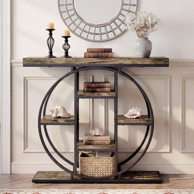 HOMCOM Industrial Console Table with Storage Shelves - Rustic Brown 