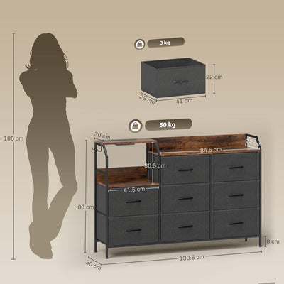 HOMCOM Chest of Eight Drawers, with Charging Station - Brown/Black 