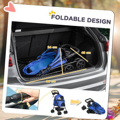 PawHut Dog Pram Dog Stroller Foldable Pet Pushchair with 4 Wheels, Safety Leashes, Cup Holder for Small Dogs, Blue 