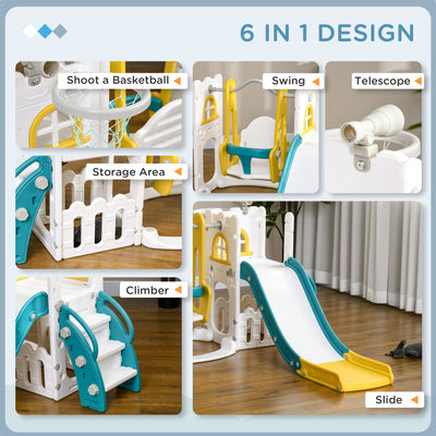 AIYAPLAY 6-in-1 Swing and Slide Set, Kids Playground with Basketball Hoop, Telescope, Storage Space - Yellow 