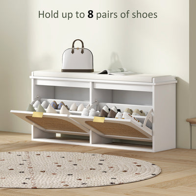 HOMCOM Boho Shoe Bench with Padded Seat and 2 Flip-Drawers - White 