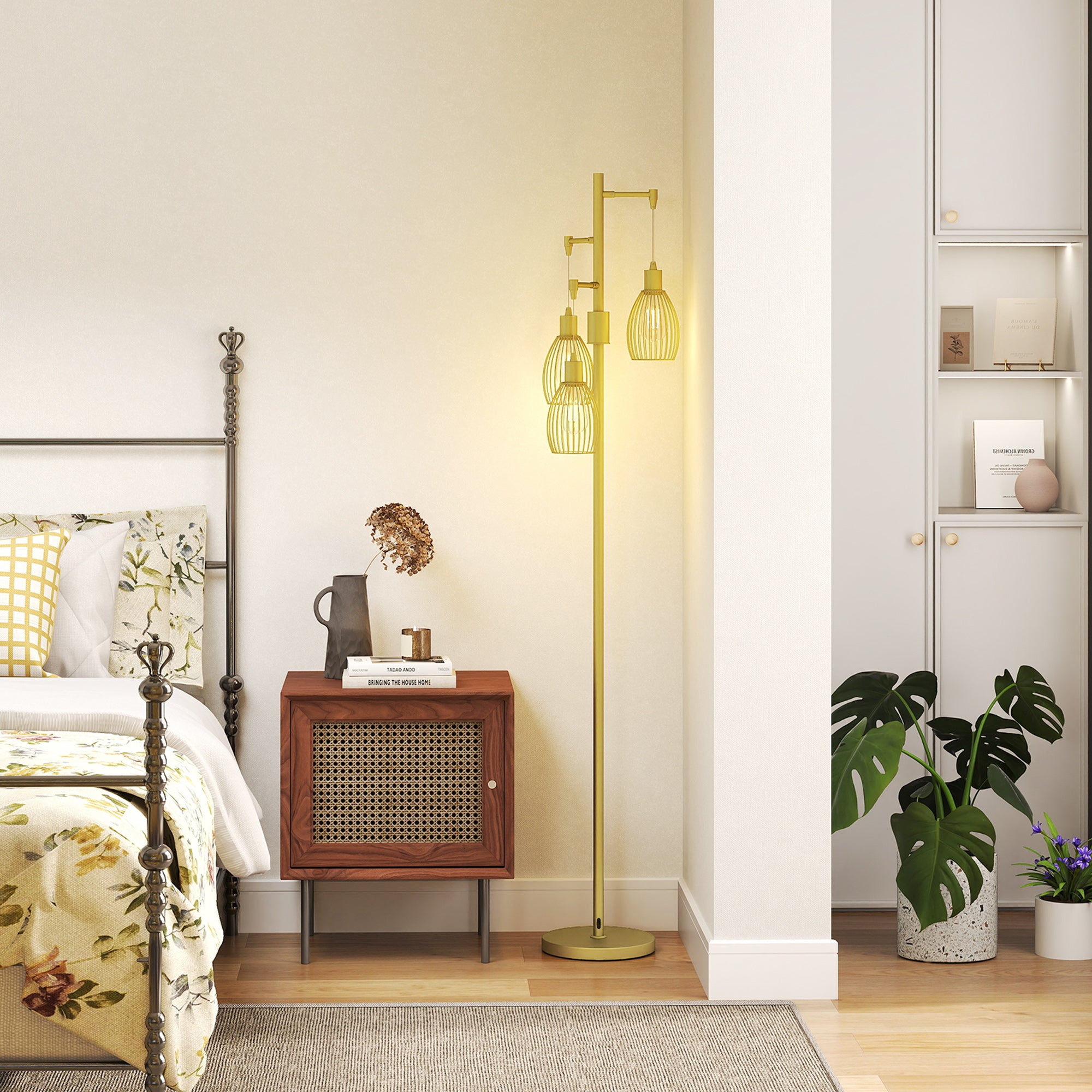 HOMCOM 3-Light Floor Lamp, 170cm Industrial Dimmable Standing Lamp with Steel Wire Cage Lampshades for Living Room, Bedroom, Dining Room, Study, Gold Tone