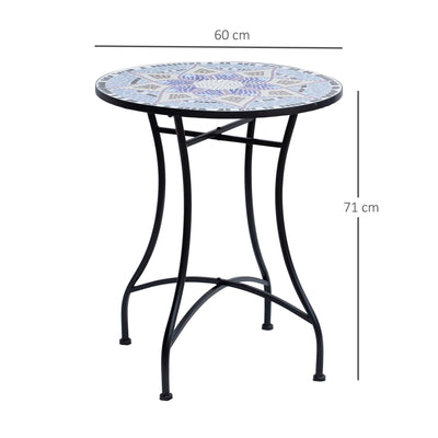 Outsunny Outdoor Mosaic Round Garden Table, Patio Bistro Coffee Side Table with 60cm Ceramic Top for Garden, Blue and White 