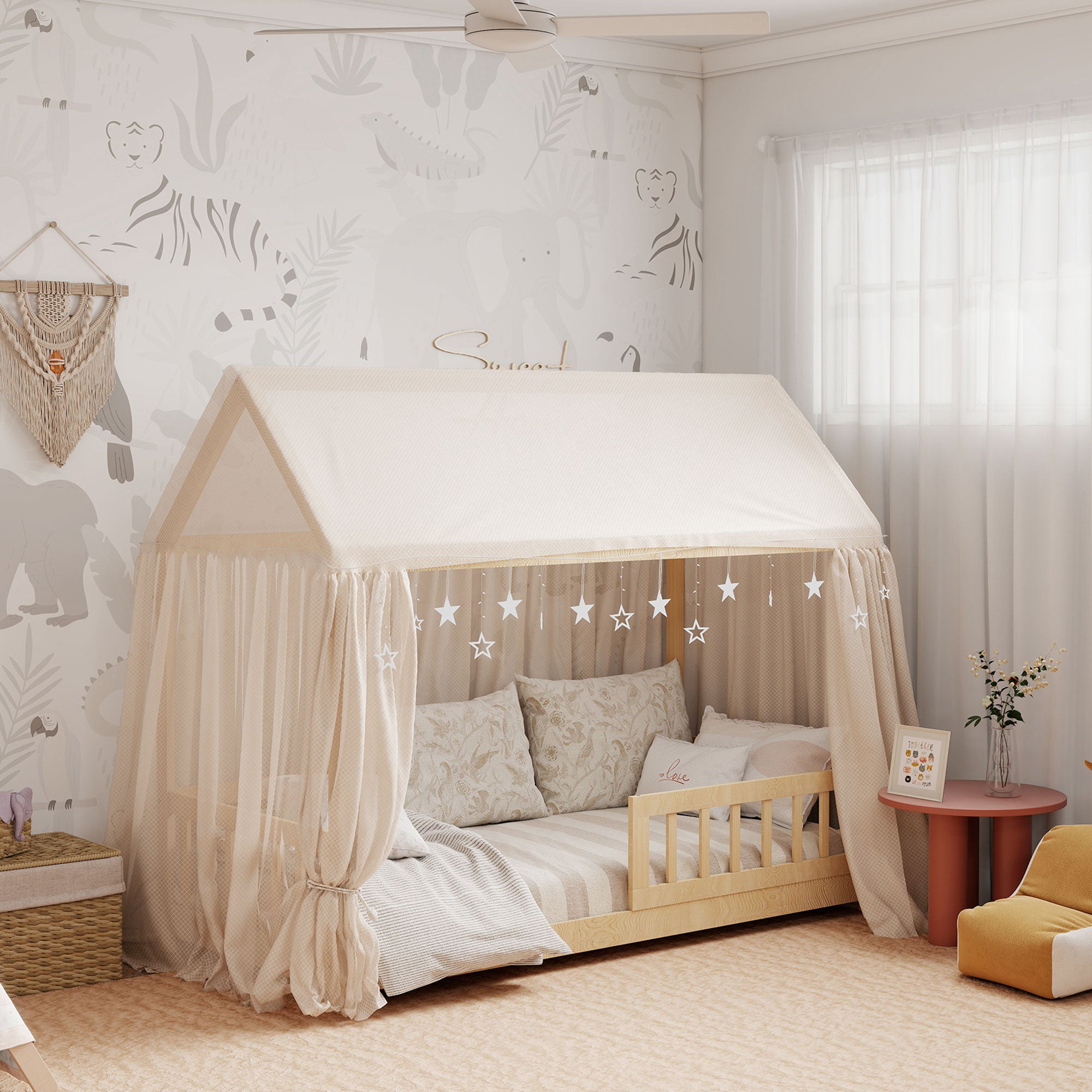HOMCOM House-Shaped Kids Bed Frame with Guard Rails, Solid Pine Wood Single Bed Frame for Kids Boys and Girls, Natural 