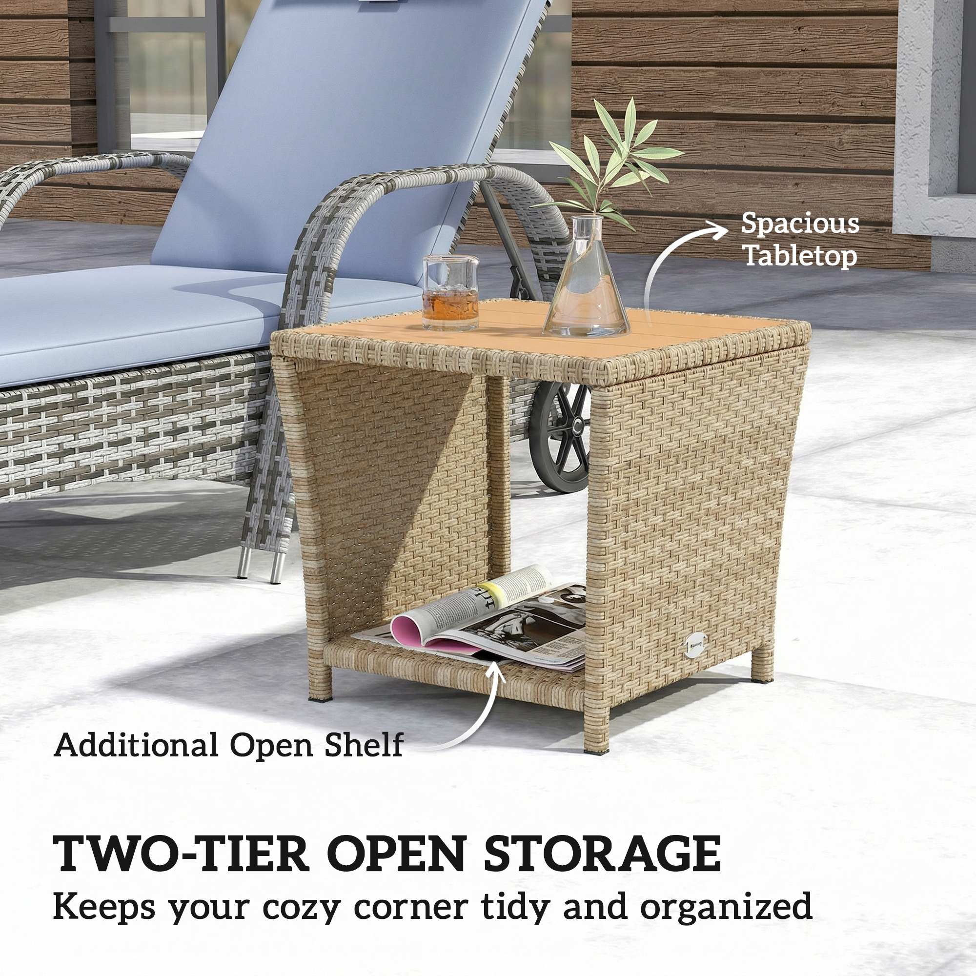Outsunny Side Table 2-Tier Outdoor Coffee Table with Storage Shelf PS Wood Slat Top/Khaki 