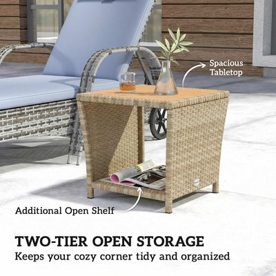 Outsunny Side Table 2-Tier Outdoor Coffee Table with Storage Shelf PS Wood Slat Top/Khaki 