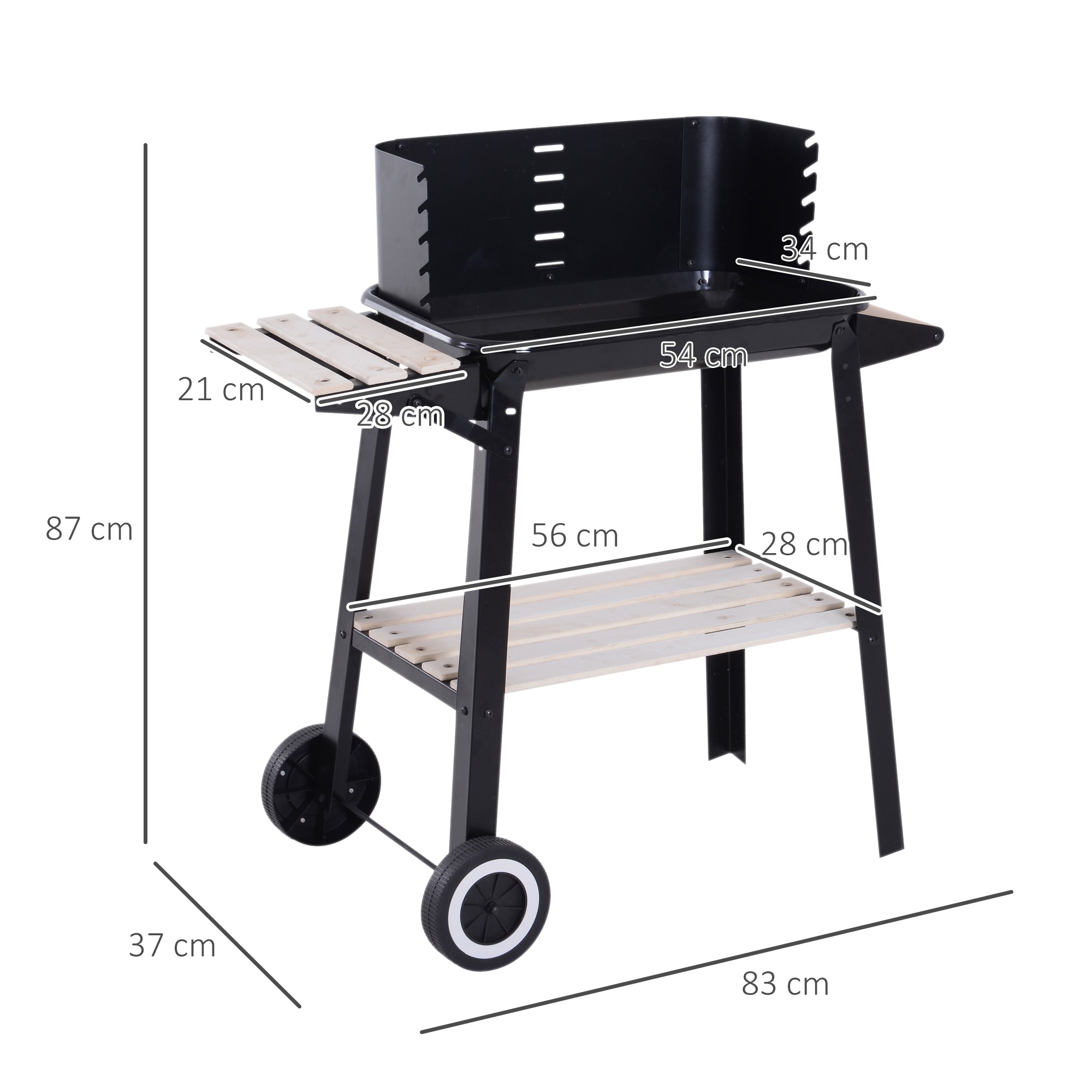 Outsunny Trolley Charcoal BBQ Barbecue Grill Outdoor Patio Garden Heating Smoker with Side Trays Storage Shelf and Wheels 