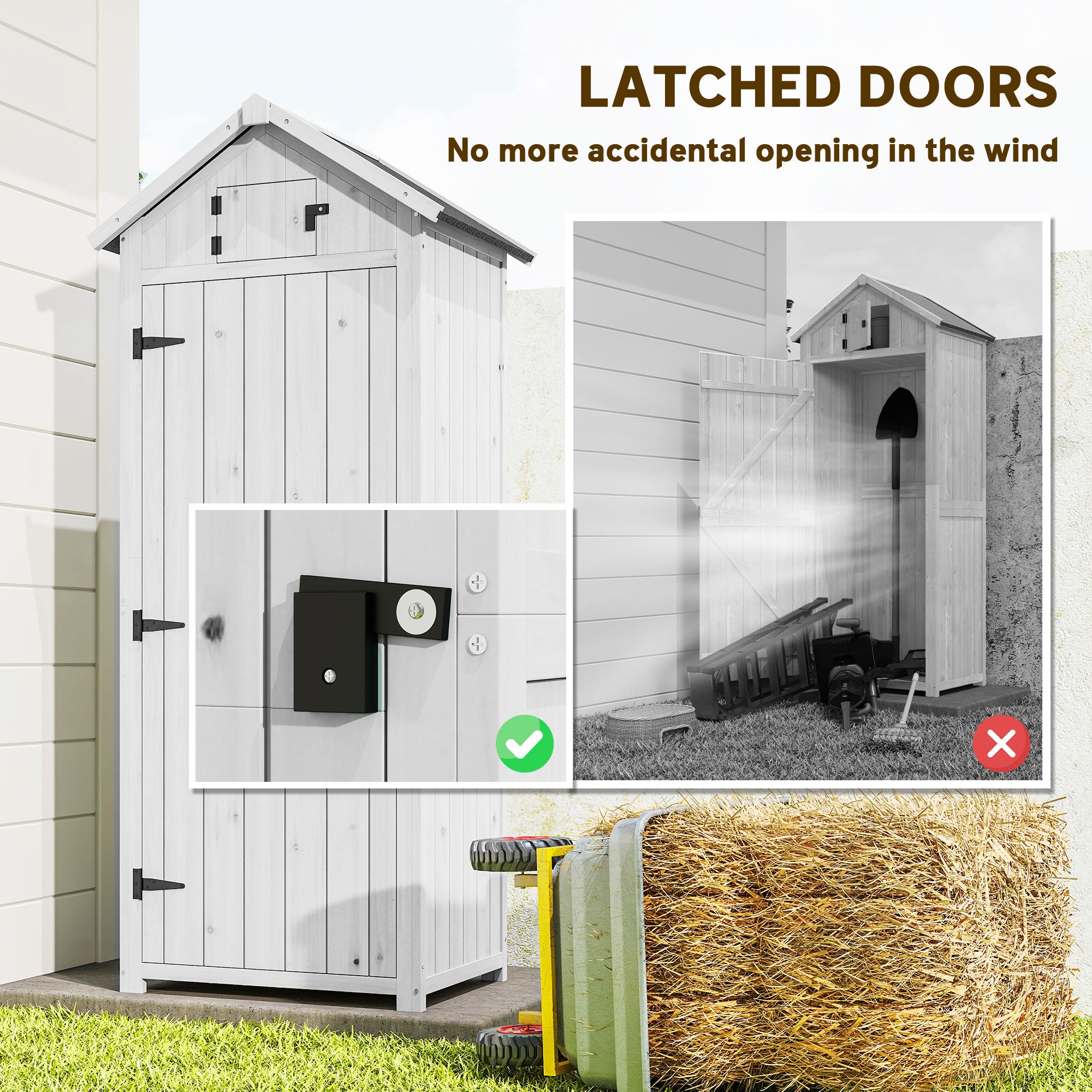 Outsunny Small Shed, Tall Slim Wooden Garden Shed with 3 Removable Shelves and Roof Hatch, Compact Outdoor Tool Storage Cabinet with Asphalt Roof and Door Latch, 77 x 54.2 x 179 cm, Light Grey 