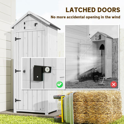 Outsunny Small Shed, Tall Slim Wooden Garden Shed with 3 Removable Shelves and Roof Hatch, Compact Outdoor Tool Storage Cabinet with Asphalt Roof and Door Latch, 77 x 54.2 x 179 cm, Light Grey 