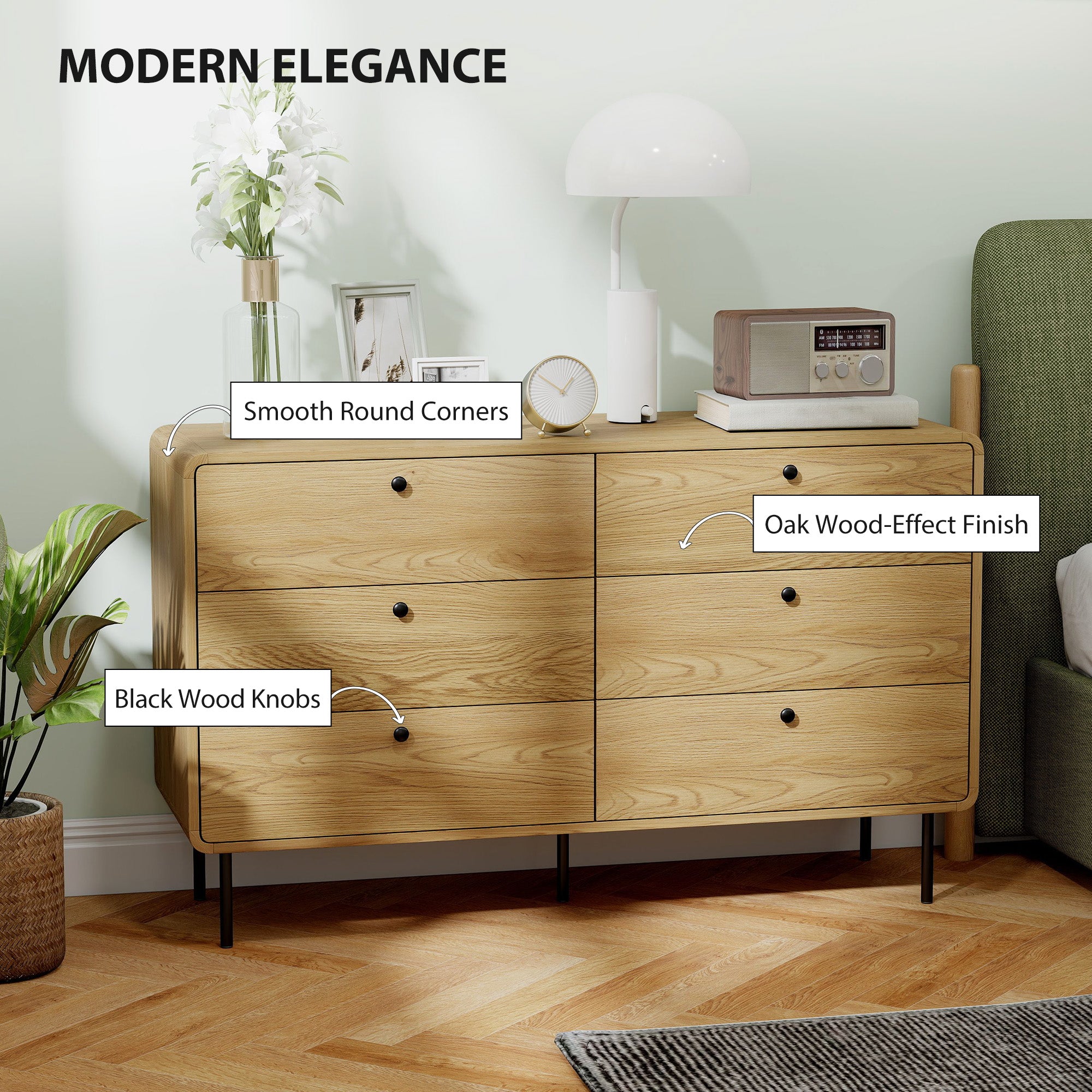 HOMCOM Chest of Drawers, 6 Drawer Dresser - Oak 
