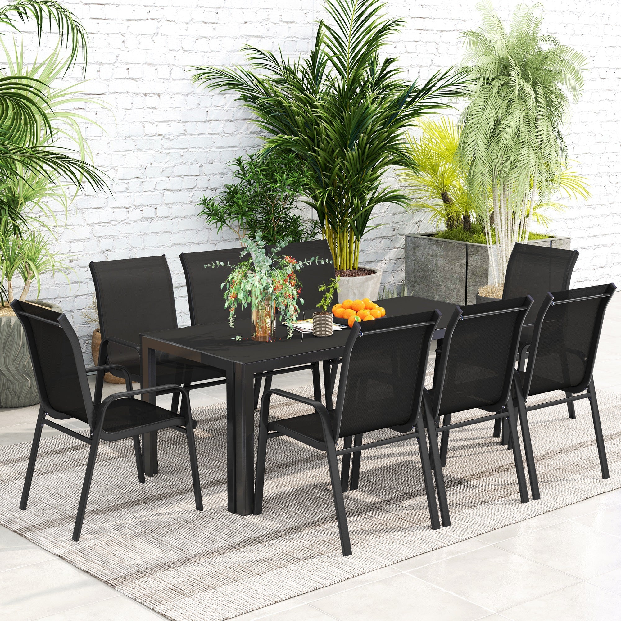 Outsunny 8 Seater Garden Dining Set with Stacking Chairs, Rectangular Tempered Glass Top, Garden Furniture Set, Outdoor Dining Table and Chairs for Patio, Balcony, Poolside, Black 