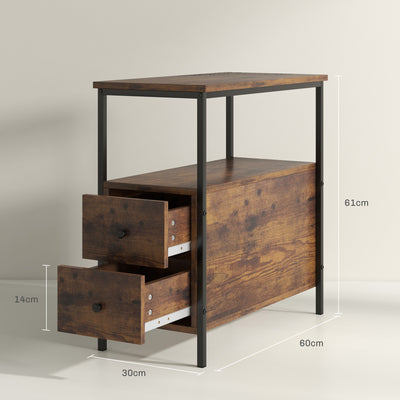 HOMCOM Set of 2 Side Table, Narrow Bedside Table with 2 Drawers and Storage Shelf, Industrial End Table with Metal Frame for Small Spaces, Rustic Brown 
