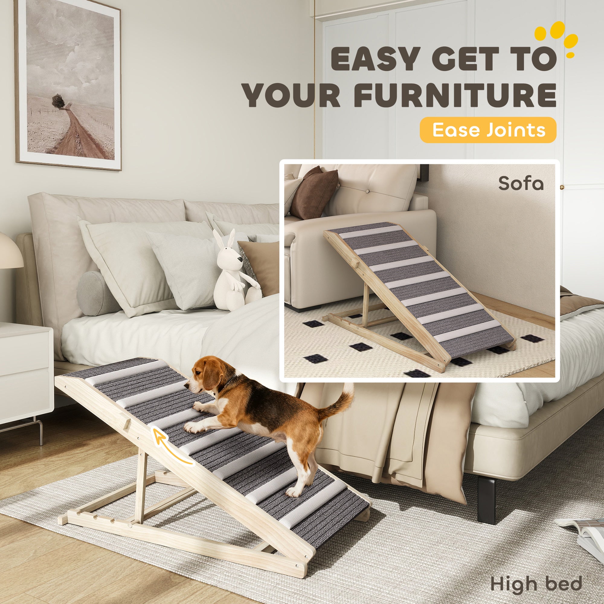 PawHut Dog Ramp for Couch, Adjustable Folding Pet Ramp, 4 Adjustable Height Dog Climbing Ladder, 35/43/47/50 cm Height 