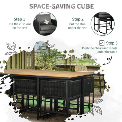 Outsunny 10 Seater Rattan Cube Garden Furniture Set, Rattan Dining Set with Cushions, Outdoor Dining Table and Chairs with 6 Armchairs, 4 Stools, Rectangular Wood Grain Plastic Top Table, Black 