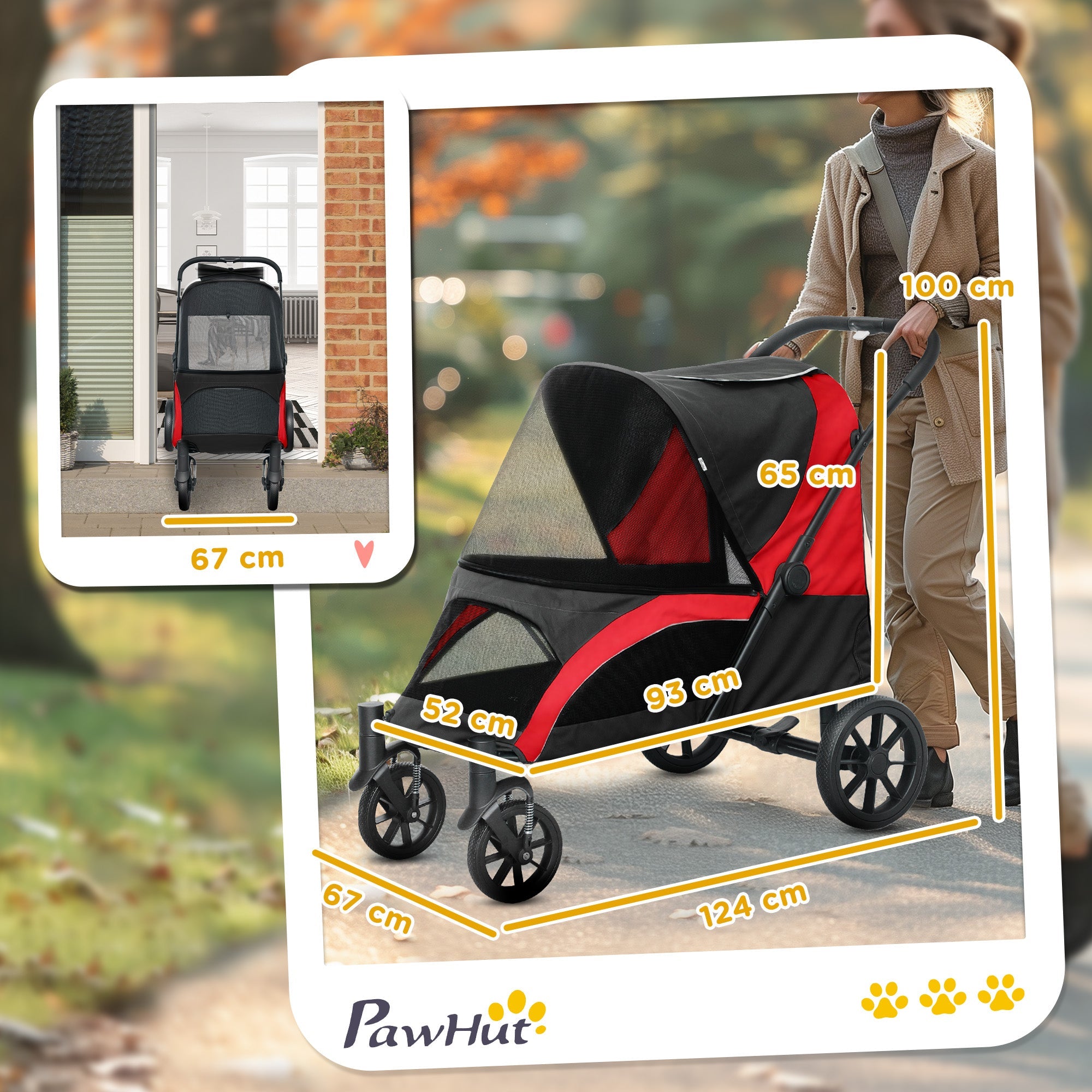 PawHut Easy Folding Pet Stroller for Large Dogs with 4 Big Wheels, Shock Absorb Frame, Safety Leashes, Brakes, Black 