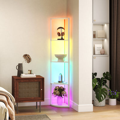HOMCOM RGB LED Floor Lamp with Shelves, 5-Tier Dimmable Standing Lamp with Adjustable Brightness and Remote Control, Modern Corner Display Shelf Unit for Living Room Bedroom Office, White 