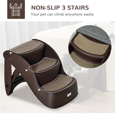 PawHut Foldable Pet Stairs Portable Dog Steps 3-Step Design with Non-slip Mats for High Beds, Sofas, 49 x 38 x 38 cm, Brown 