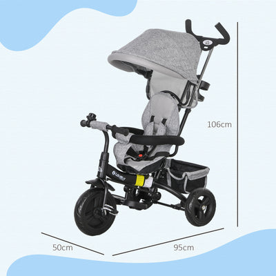 HOMCOM 6 in 1 Kids Trike Push Bike w/ Push Handle, Canopy, 5-point Safety Belt, Storage, Footrest, Brake, for 1-5 Years, Grey 