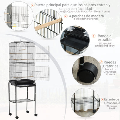 PawHut Bird Cage Budgie Cages for Finch Canary Parakeet with Stand Wheels Slide-out Tray Accessories Storage Shelf, Black 46.5 x 36 x 157 cm 