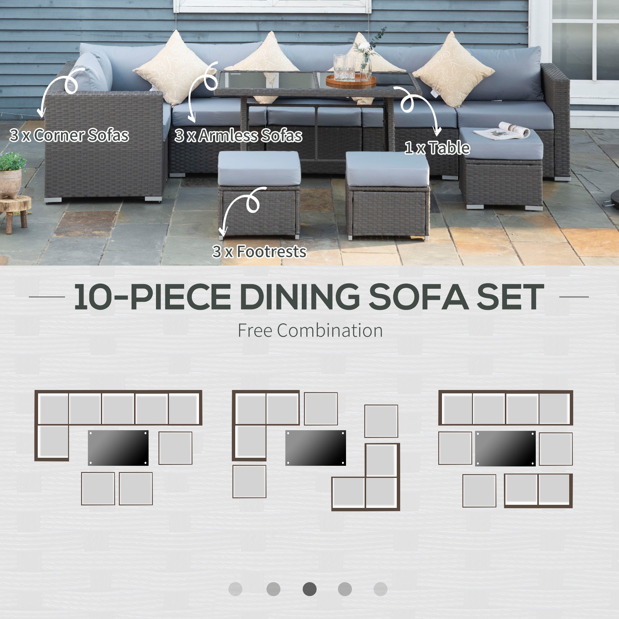 Outsunny 9-Seater Garden Rattan Furniture 10 Pcs Rattan Corner Dining Sofa Set, Grey/Dusty Blue Cushion 