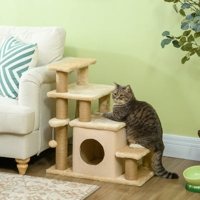 PawHut Adjustable Cat Steps, with House & Hanging Toy Ball - Beige 