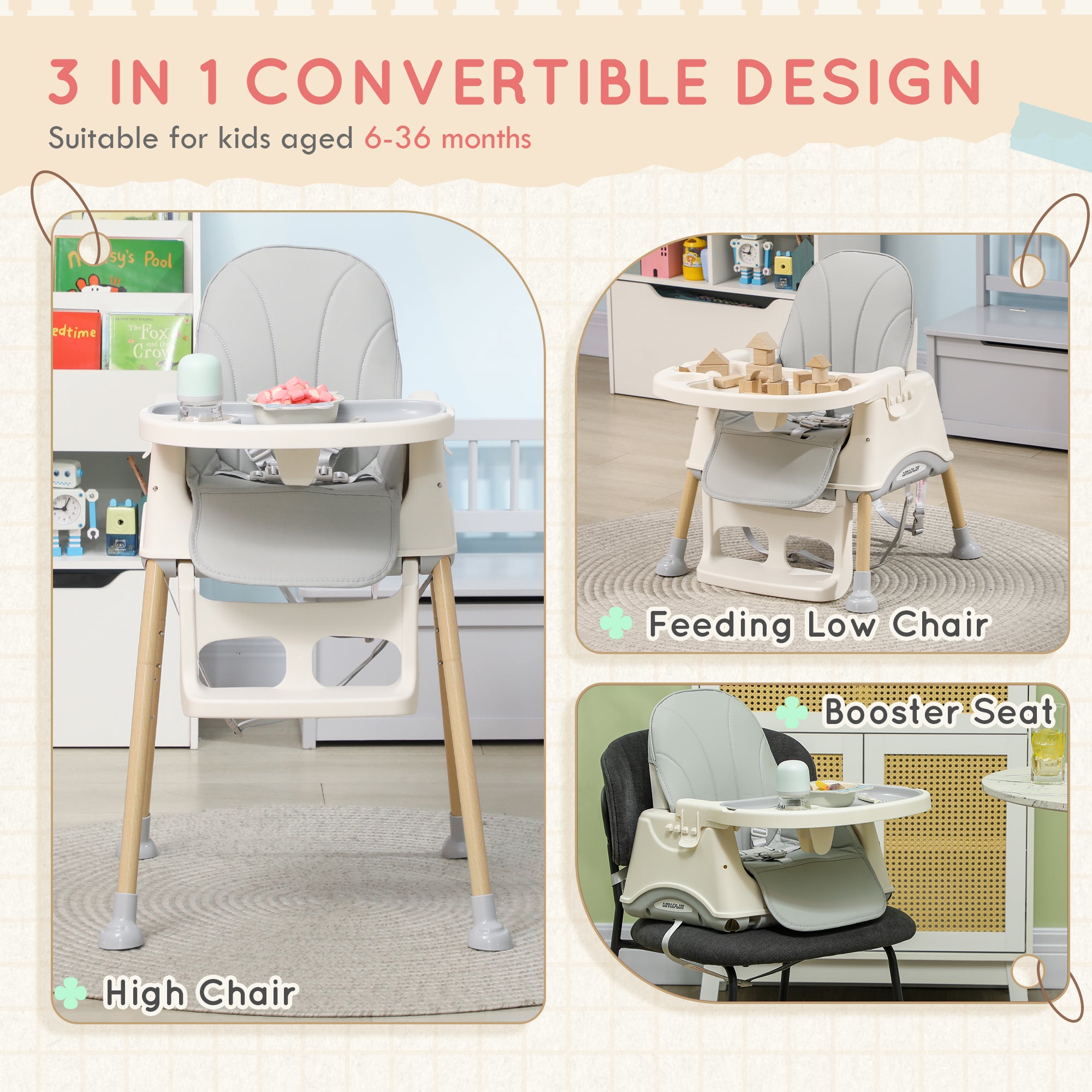 AIYAPLAY 3-in-1 Foldable High Chair for Babies, Toddlers, with Safety Harness, Washable Removable Seat Cushion, Tray, Grey