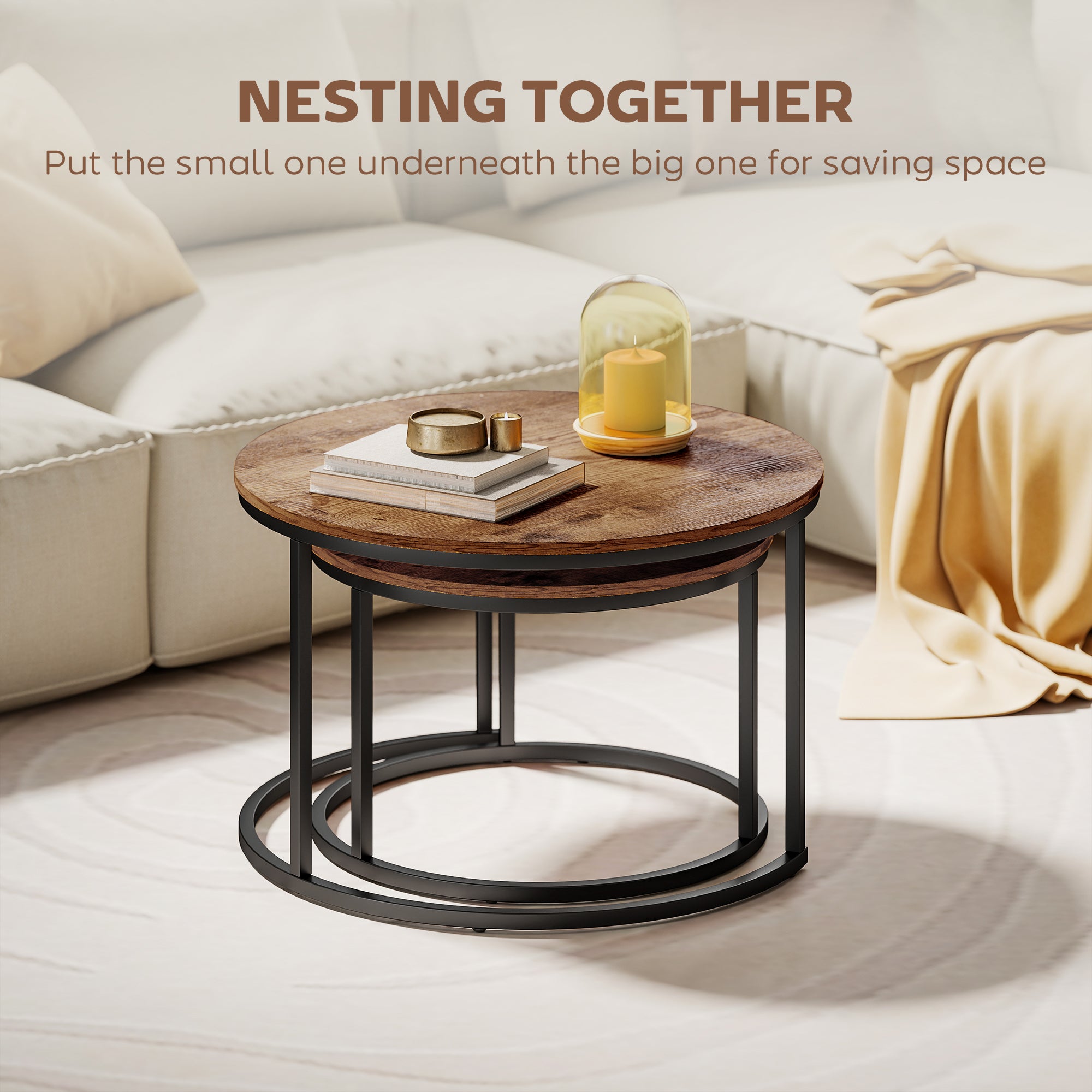 HOMCOM Coffee Table Set of 2, Round Nest of Tables with Metal Frame, Modern Side Tables for Living Room, Rustic Brown 