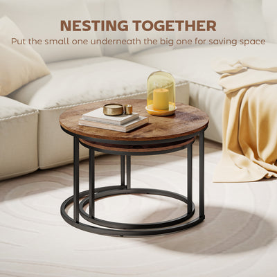 HOMCOM Coffee Table Set of 2, Round Nest of Tables with Metal Frame, Modern Side Tables for Living Room, Rustic Brown 