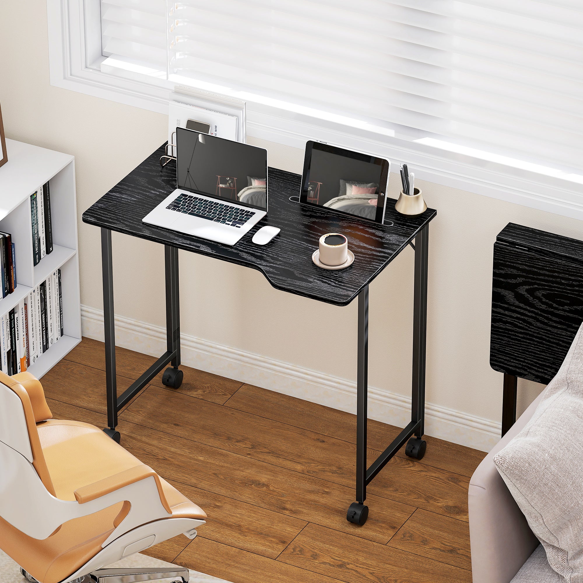 HOMCOM Folding Small Desk on Wheels - Black Wood Effect 
