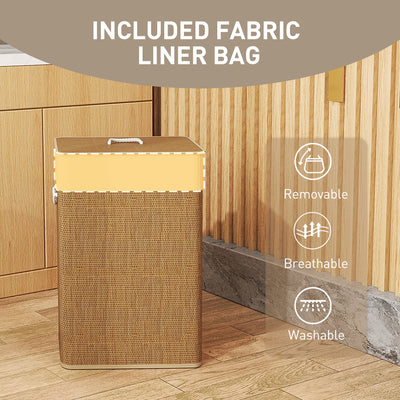 HOMCOM Bamboo Laundry Basket with Lid, 72L Laundry Hamper with Rope Handles, Washing Basket with Removable Washable Liner Bag for Bathroom, Bedroom, Brown 