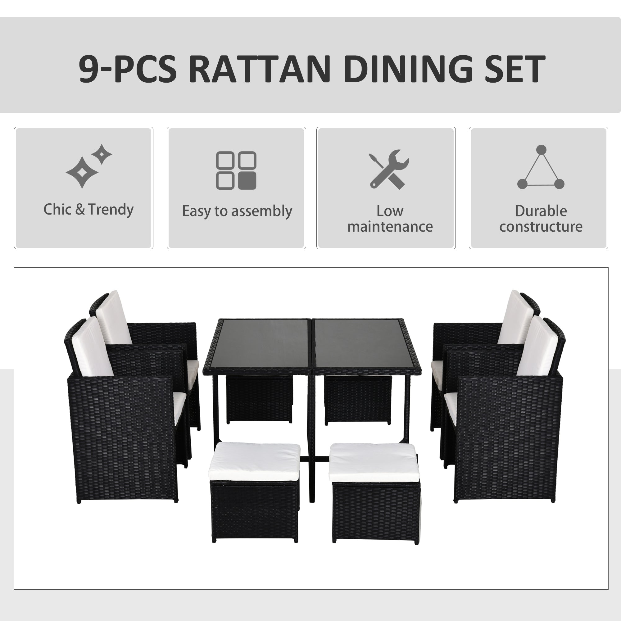 Outsunny 8 Seater Rattan Cube Garden Furniture Set, Rattan Dining Set with Cushions, Outdoor Dining Table and Chairs with 4 Armchairs, 4 Stools, Square Glass Top Table, Black 