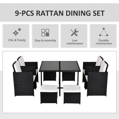 Outsunny 8 Seater Rattan Cube Garden Furniture Set, Rattan Dining Set with Cushions, Outdoor Dining Table and Chairs with 4 Armchairs, 4 Stools, Square Glass Top Table, Black 