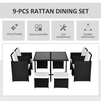 Outsunny 8 Seater Rattan Cube Garden Furniture Set, Rattan Dining Set with Cushions, Outdoor Dining Table and Chairs with 4 Armchairs, 4 Stools, Square Glass Top Table, Black 