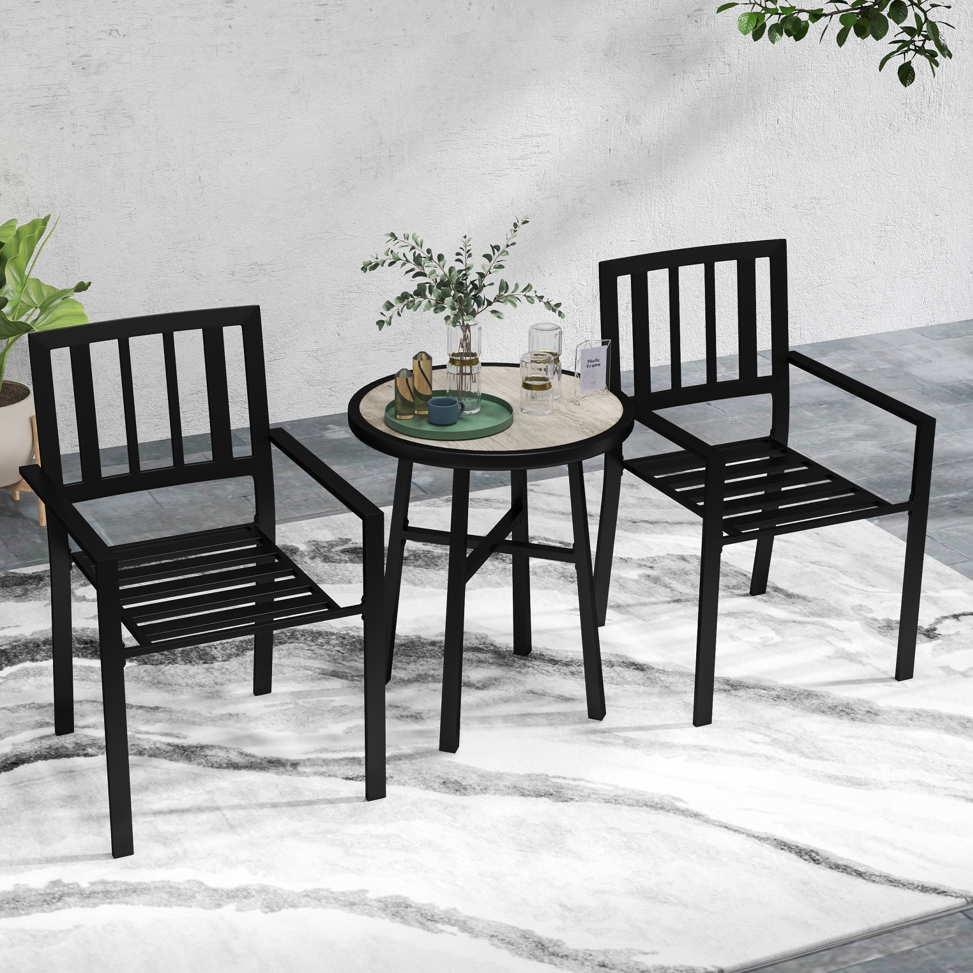 Outsunny 3 Piece Patio Bistro Set with Plastic Top, 2 Stackable Chairs, Galvanised Steel Frame, Grey 