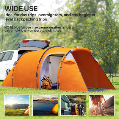 Outsunny 2-3 Man Tunnel Tents w/ Vestibule Camping Tent Porch Air Vents Weather-Resistant Shelter, Orange 