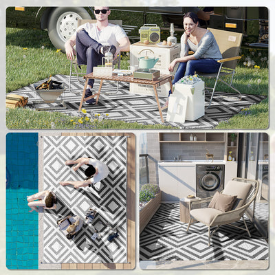 Outsunny Reversible Outdoor Rug, Plastic Straw Mat w/ Carry Bag Ground Stakes for Garden RV Picnic Beach Camping 182x274cm Black 