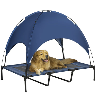 PawHut Raised Dog Bed Waterproof Elevated Pet Cot with Breathable Mesh UV Protection Canopy Blue, for XL Dogs, 122 x 92 x 108cm 