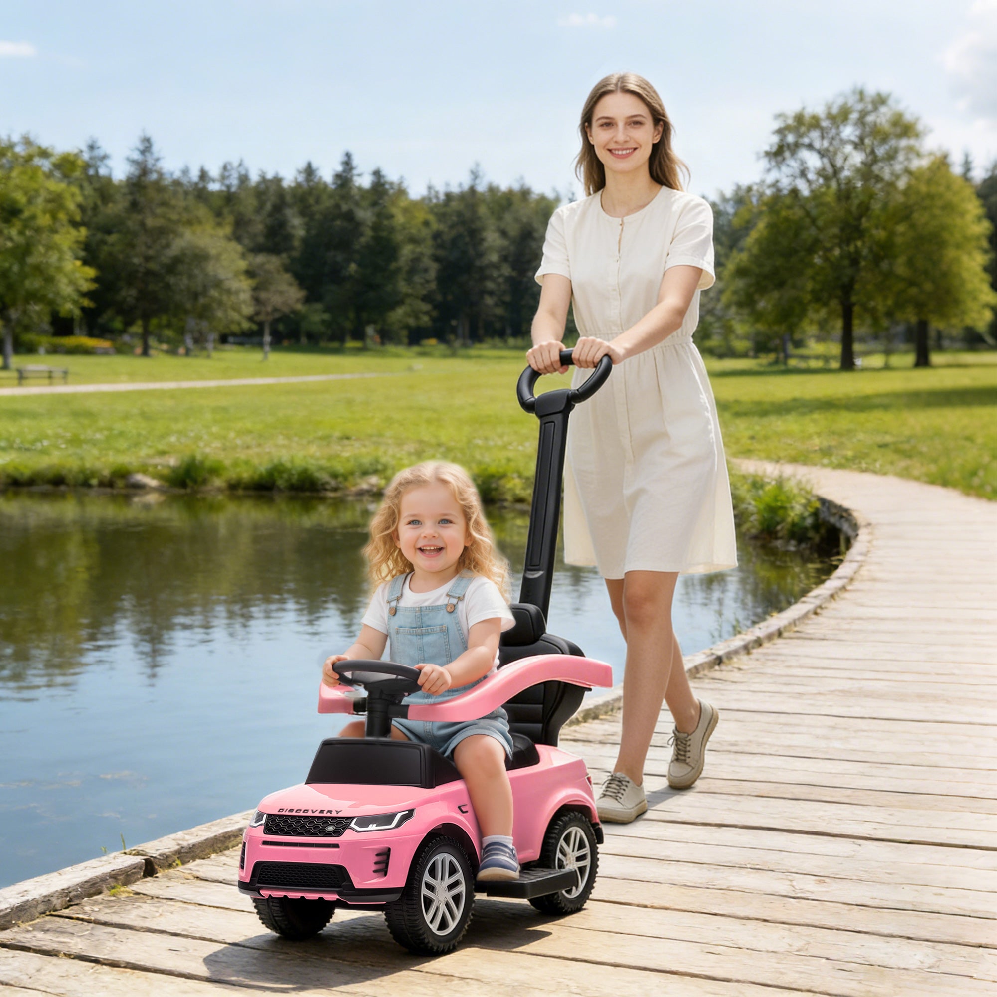 AIYAPLAY Land Rover Discovery Licensed Baby Push Car, 2-in-1 Ride on Car with Push Handle and Safety Guardrail, Pink 