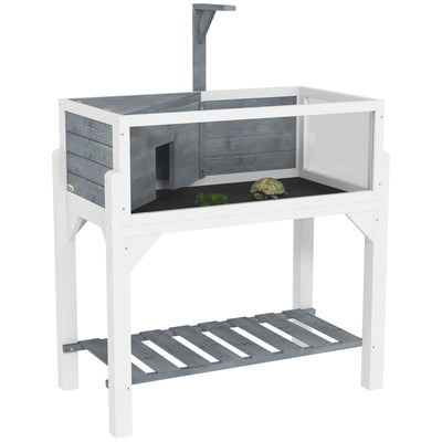 PawHut Wooden Tortoise House with Storage Shelf, Clear Observation Windows, Lamp Holder, Openable Top, Built-in Tray, Grey 