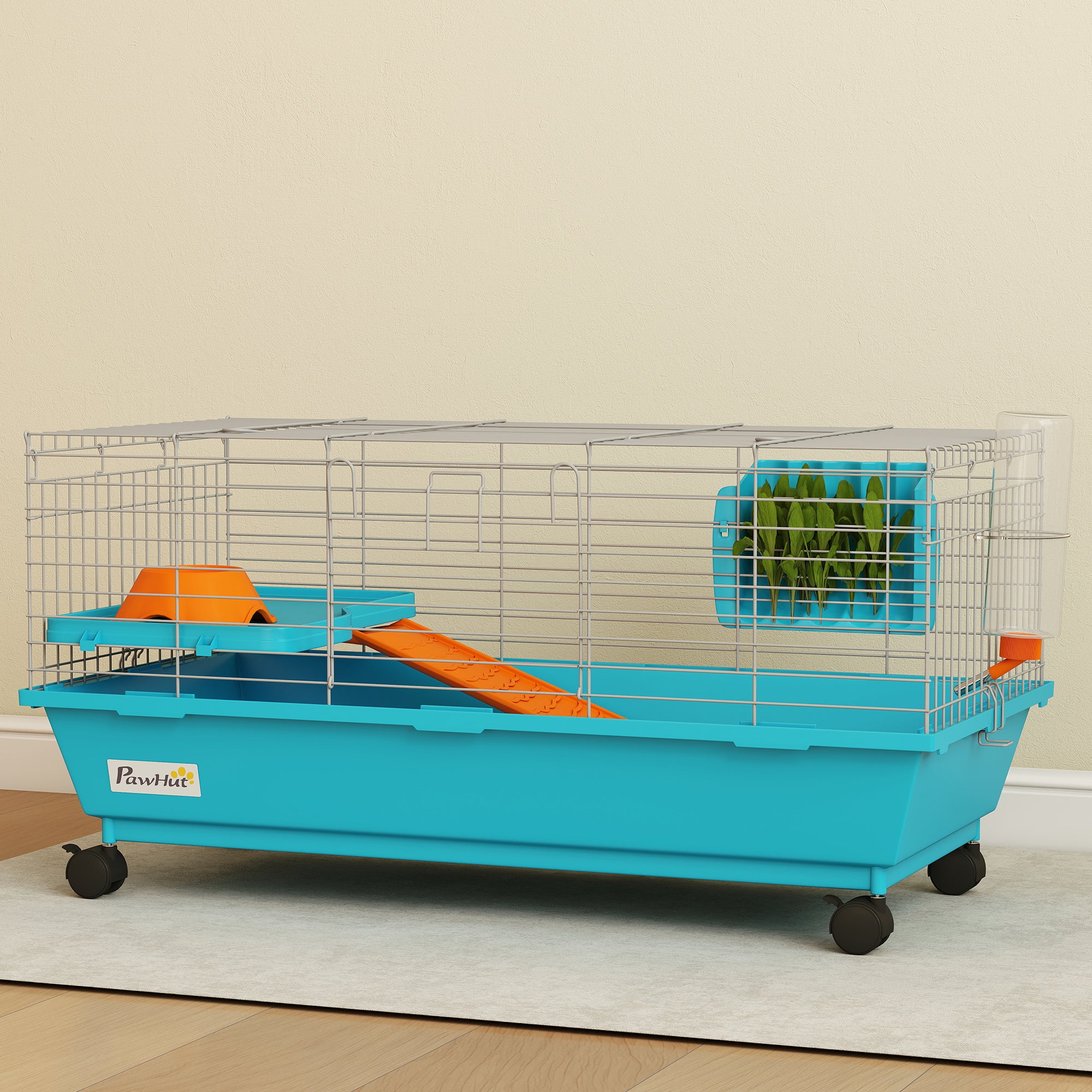 PawHut Small Animal Cage Rabbit Guinea Pigs Chinchillas Cage with Wheels Water Bottle 