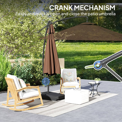 Outsunny 3(m) Garden Cantilever Parasol with Fillable Base, Wind Protection Strap, Cover, Round Banana Hanging Umbrella with Crank Handle and Tilt, Patio Umbrella for Outdoor Sun Shade, UPF50+, Brown 