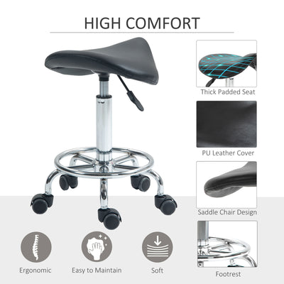 HOMCOM Salon Saddle Stool, Rolling Saddle Chair for Massage, Spa, Clinic, Beauty, Hairdressing and Tattoo, Black 
