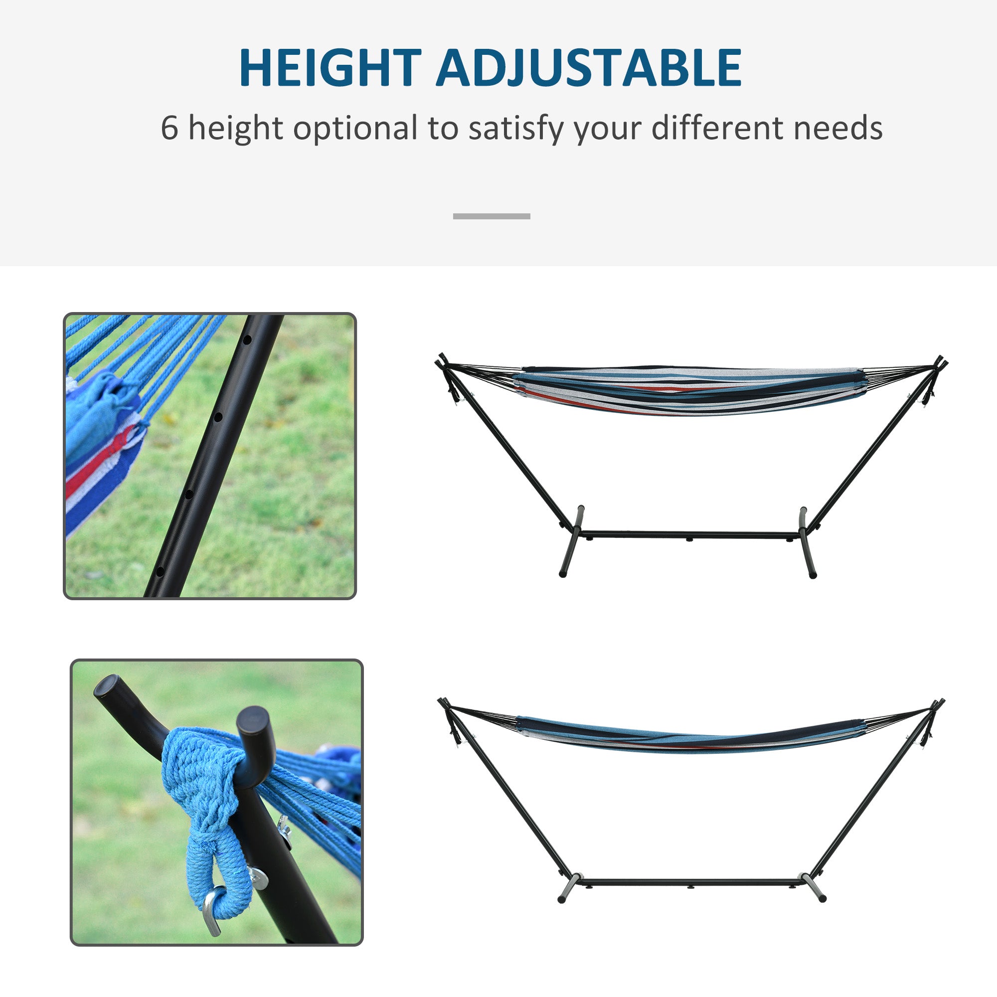 Outsunny 298 x 117cm Hammock with Stand Camping Hammock with Portable Carrying Bag, Adjustable Height, 120kg Load Capacity, White Stripe 