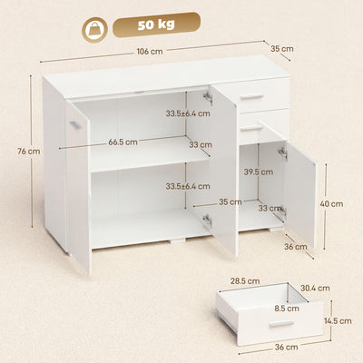 HOMCOM Sideboard, Modern Storage Cabinet with 2 Drawers, 3 Doors and Adjustable Shelves, High Gloss White 