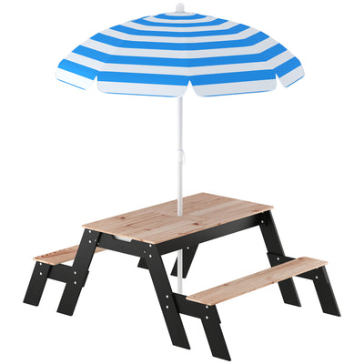 AIYAPLAY Kids Garden Furniture with Parasol, 3 in 1 Wooden Sand and Water Table with 2 Hidden Play Boxes for Patio, Ages 3-6