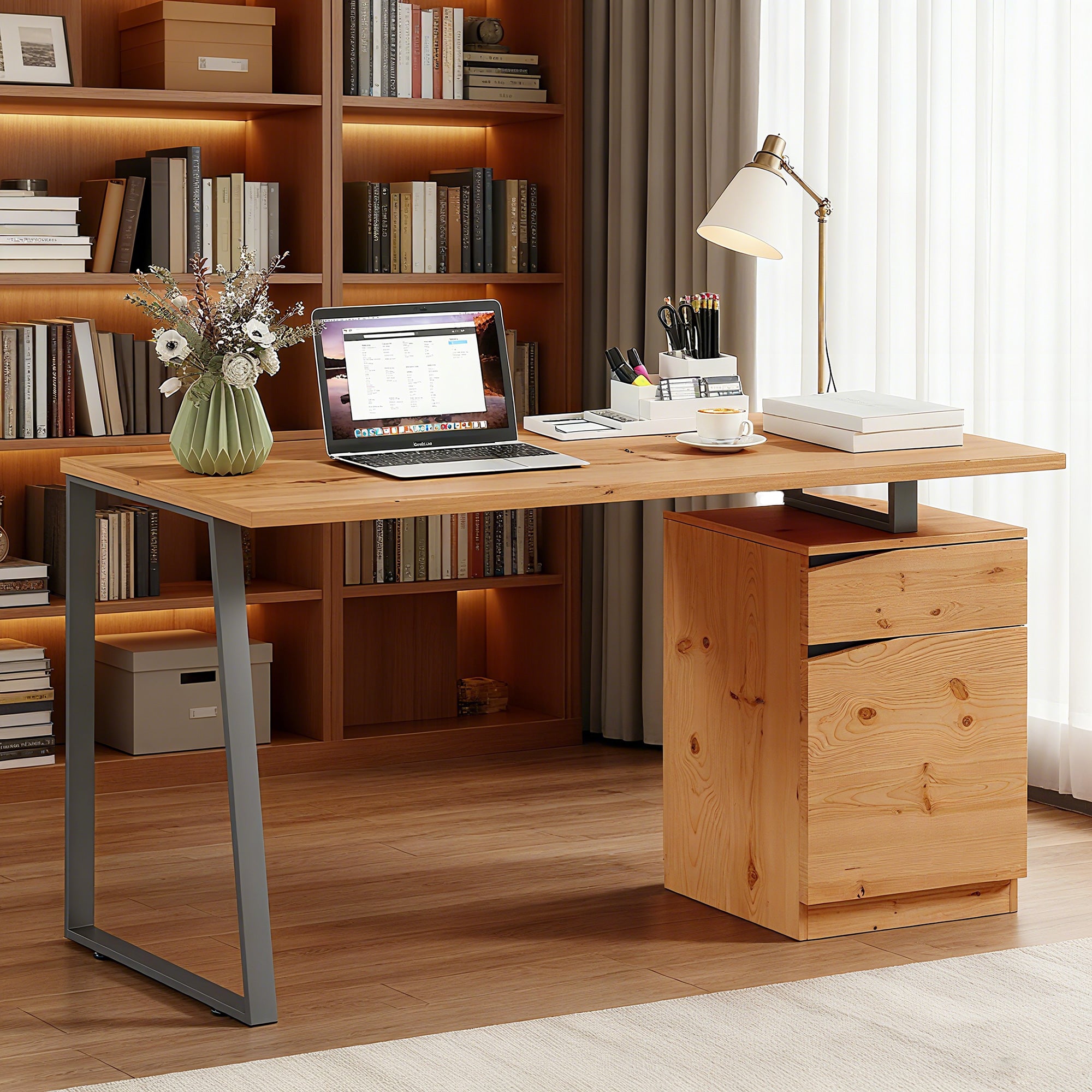 HOMCOM Computer Desk, Writing Desk with Cabinet, Drawer, Metal Legs, Work Table for Home Office Study, Natural Wood Finish 
