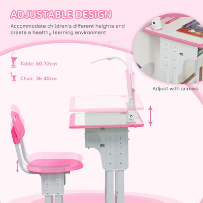 HOMCOM Kids Desk and Chair Set Adjustable Height Study Table Set with Drawer, Book Stand, Pen Slot - Pink