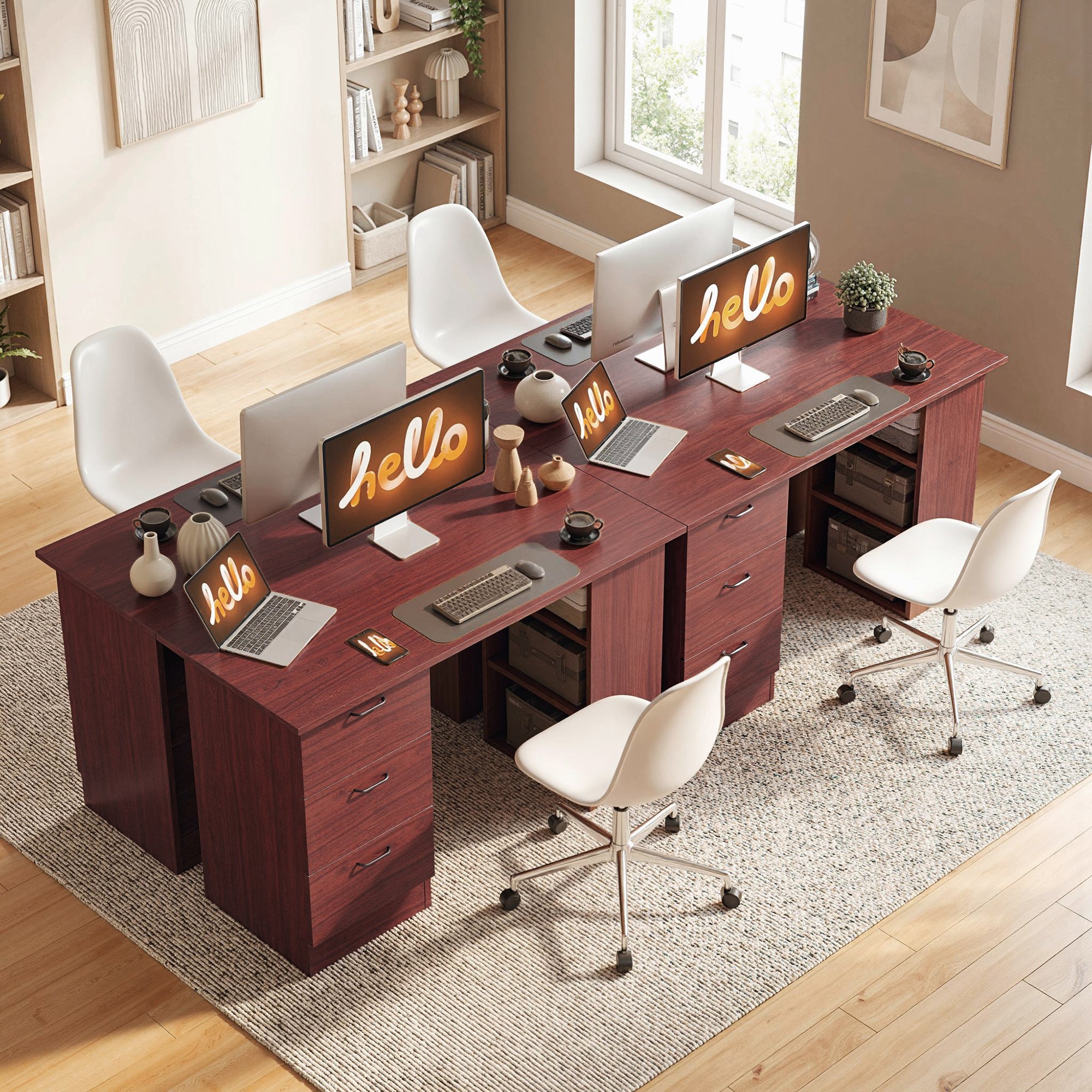 HOMCOM Computer Desk, Writing Table, PC Workstation with 3 Storage Shelves and Drawers, Handle, for Home Office, Walnut Brown 