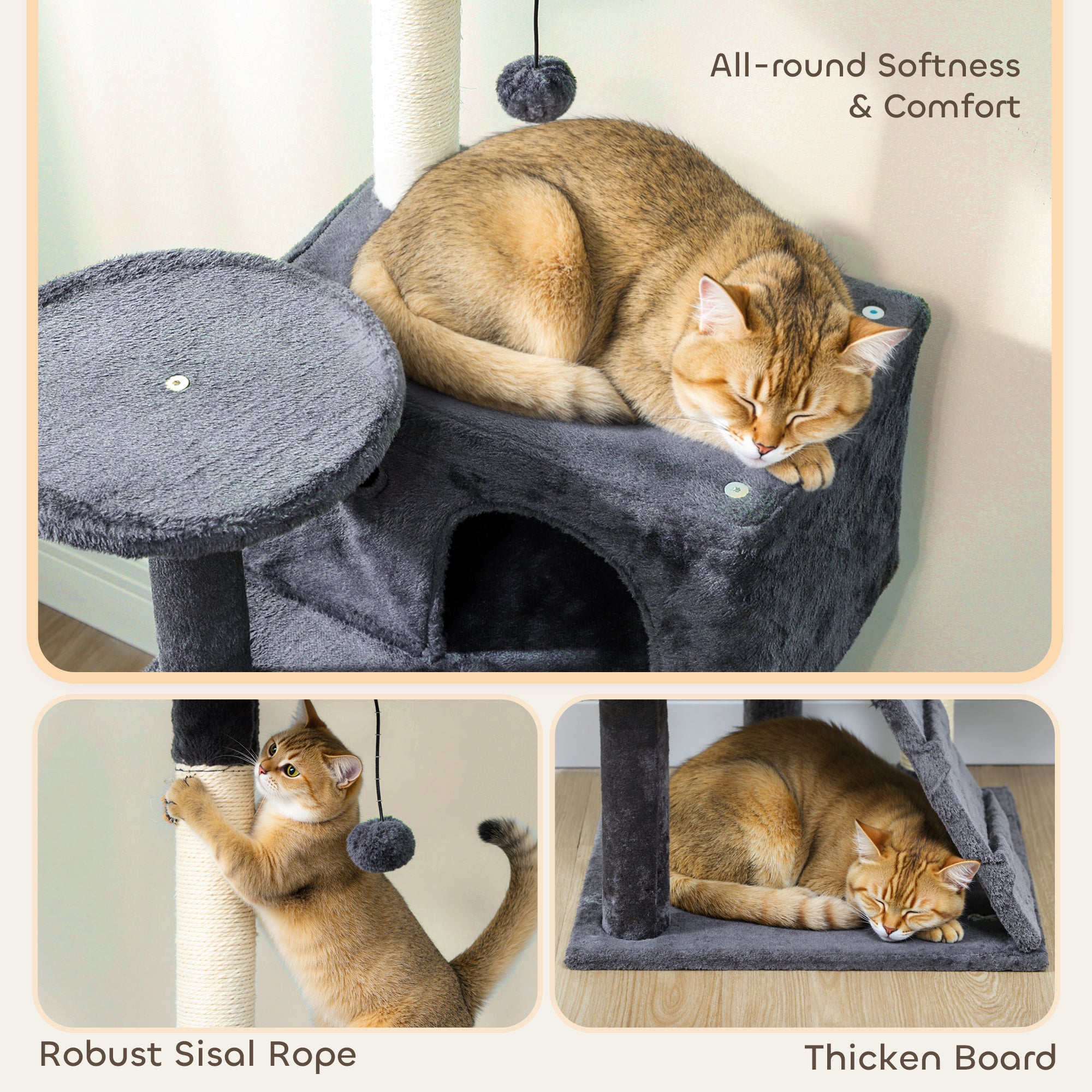 PawHut 140cm Large Cat Tree Tower with Sisal Scratching Posts, Cat Houses, Plush Perches, Hammock, Ladder, Dark Grey 
