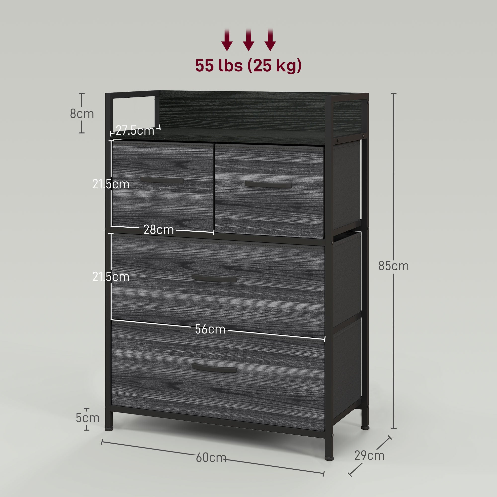 HOMCOM Rustic Chest of Four Fabric Drawers - Black 